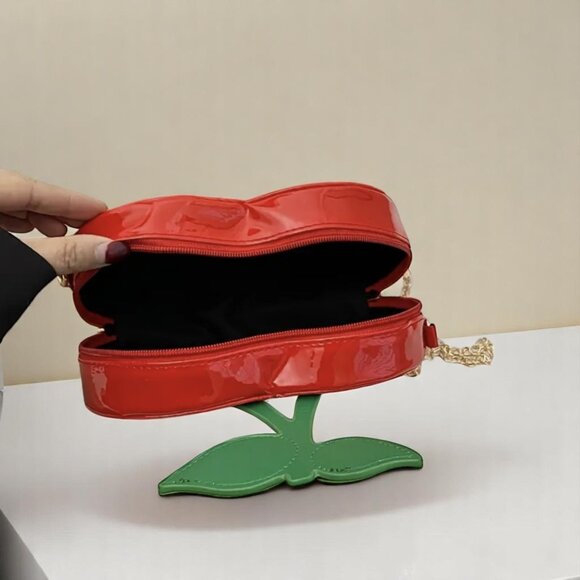 Cherry Red Mini Shoulder Bag Green Leaf Chain Strap - Picture 10 of 10
